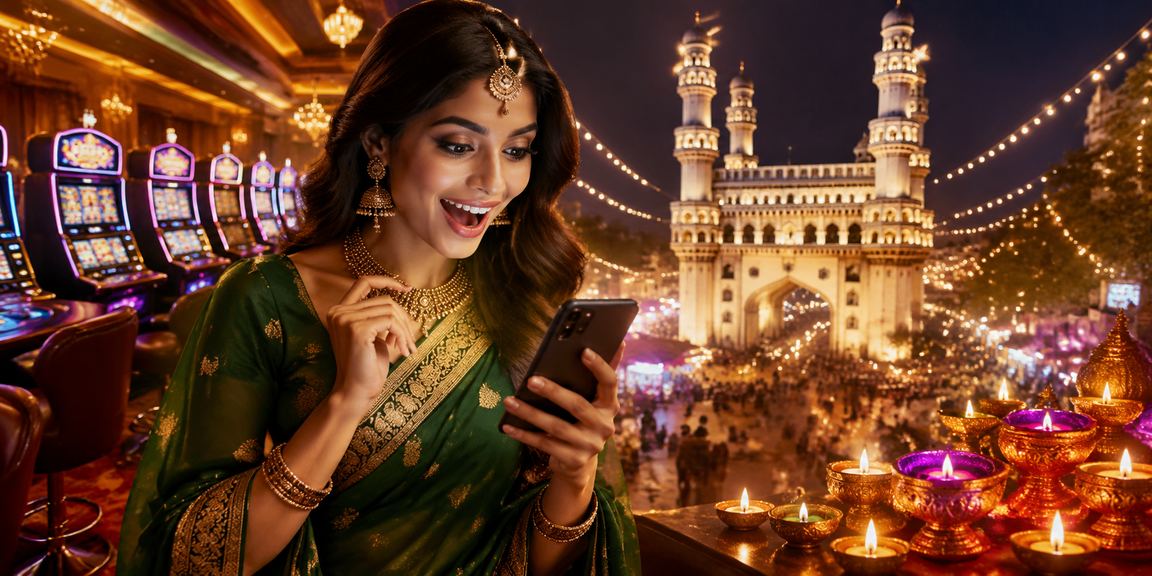 Mobile casino gaming app featured in Hyderabad with Charminar backdrop