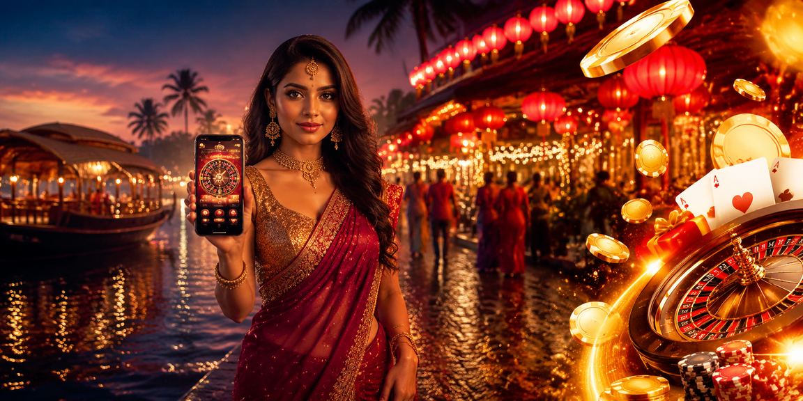 Kerala backwaters scenery with casino gaming app displayed